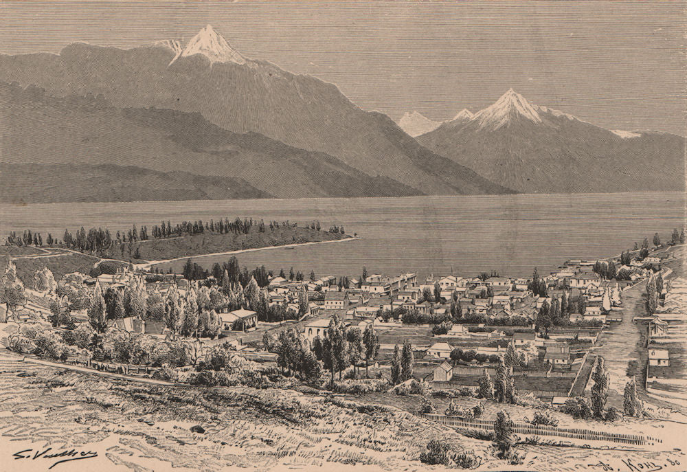 Queenstown and Lake Wakatipu. New Zealand 1885 old antique print picture